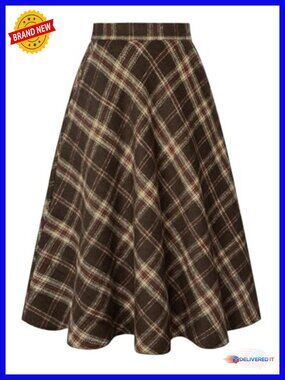 Plaid Midi A-Line Skirt Elastic High Waist Pockets Work Office Fall Winter